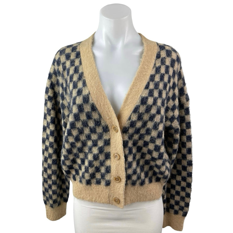 J.Crew Black Beige Checkered Wool Alpaca V Neck Cropped Cardigan Sweater Top S
