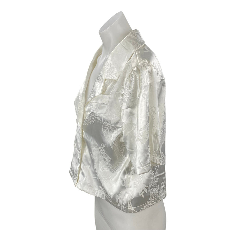 Coquette Women's White Jacquard Silk Satin Short Sleeve Button Down Crop Top S