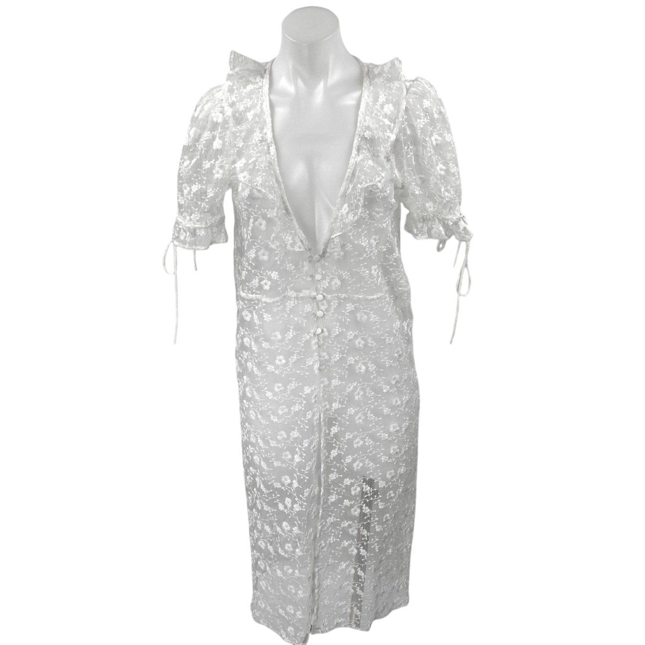 Majorelle White Floral Lace Short Sleeve Plunge Ruffle Sheer Midi Dres –  Brie