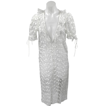 Majorelle White Floral Lace Short Sleeve Plunge Ruffle Sheer Midi Dress XS