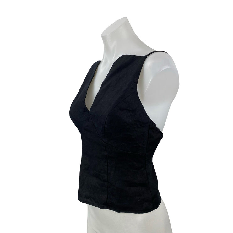 Reformation Evette Black 100% Linen V Neck Sleeveless Cami Tank Crop Top Size 2
