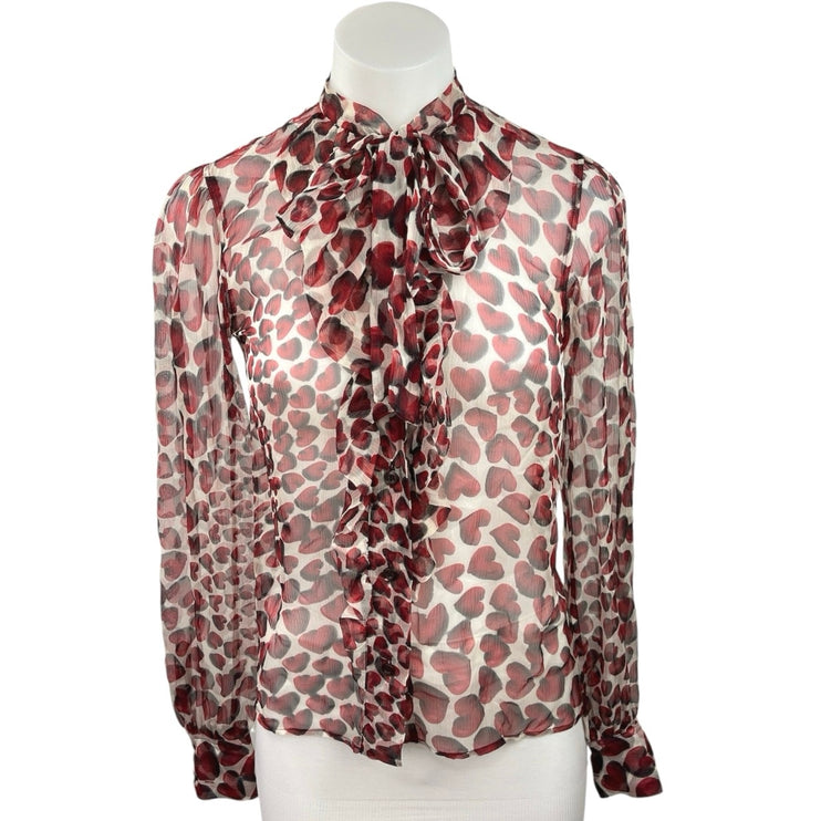 Prada Red White Heart Print Button Up Long Sleeve Ruffle Tie Neck Blouse Top S