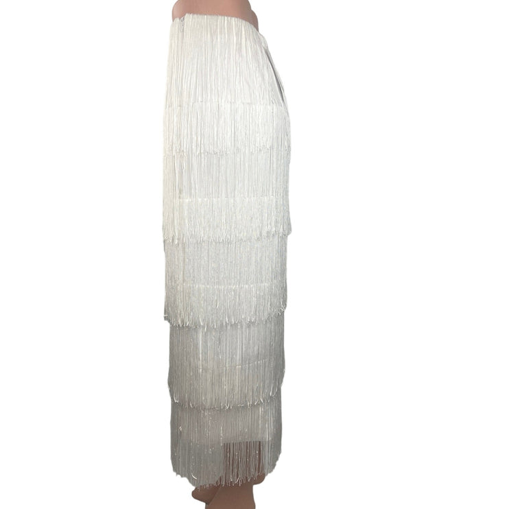 12th Tribe NWT White Gatsby Fringe Layered Straight Pencil Boho Midi Skirt Sz S