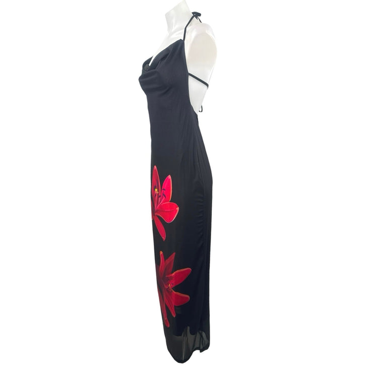 Women's Black Floral Cowl Neck Sleeveless Maxi Cami Tank Bodycon Sheath Dress S