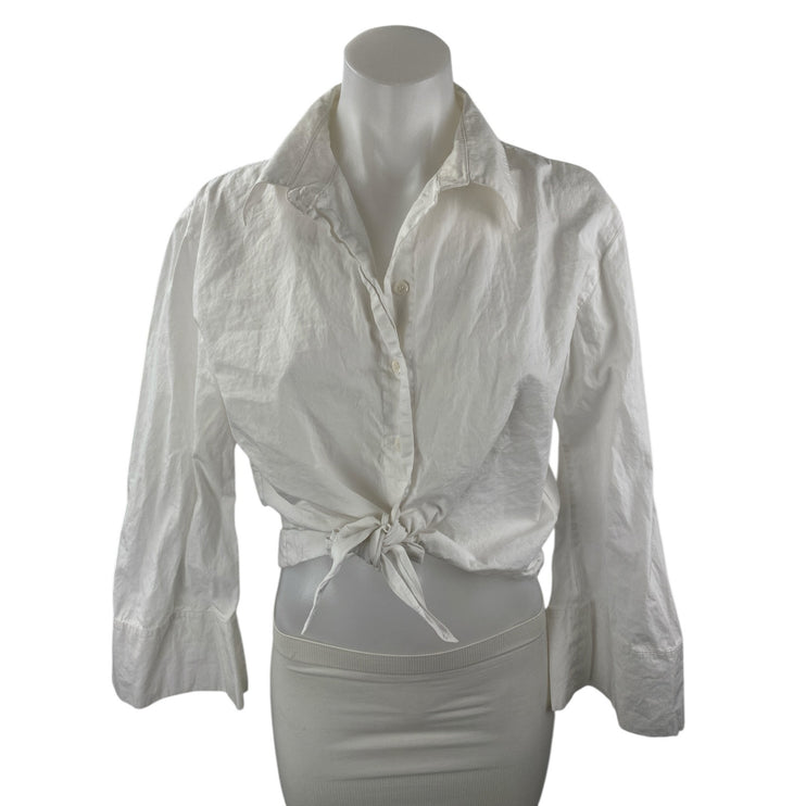 Zara Women's White Long Bell Sleeve Tie Hem Crop Button Up Shirt Top Size M