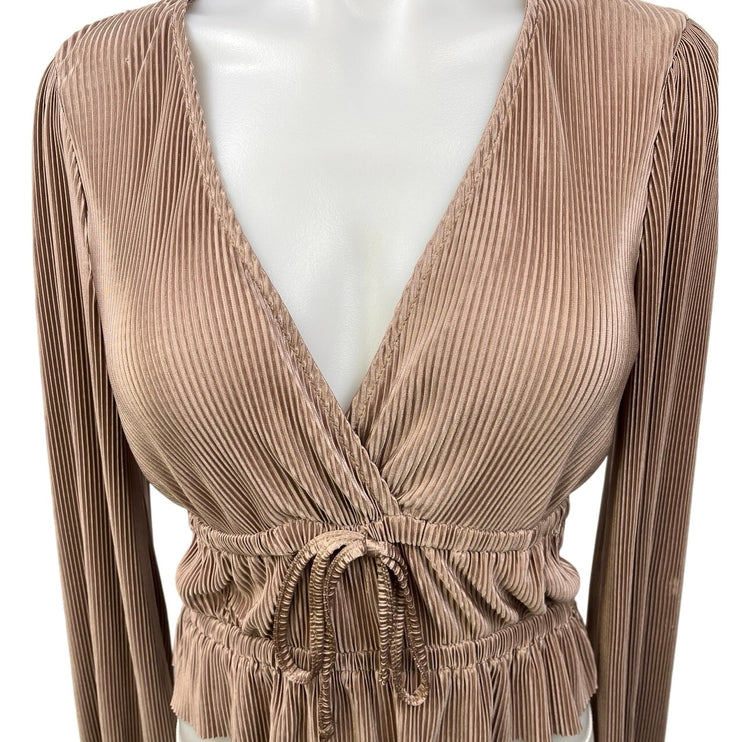 Zara Brown Metallic Pleated V-Neck Long Sleeve Cinched Tie Peplum Blouse Top S