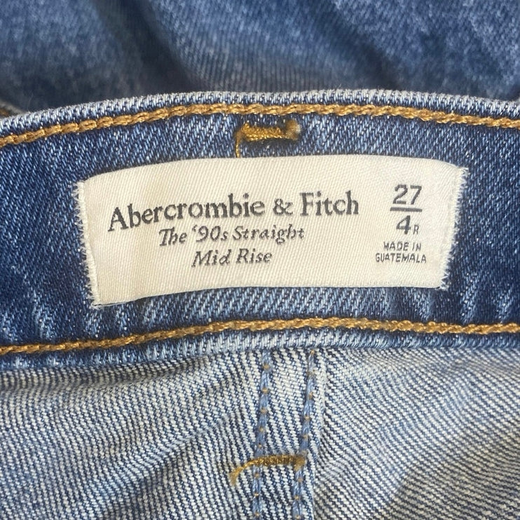 Abercrombie & Fitch Blue Raw Hem Mid Rise 90's Straight Denim Jeans Pants Sz 27