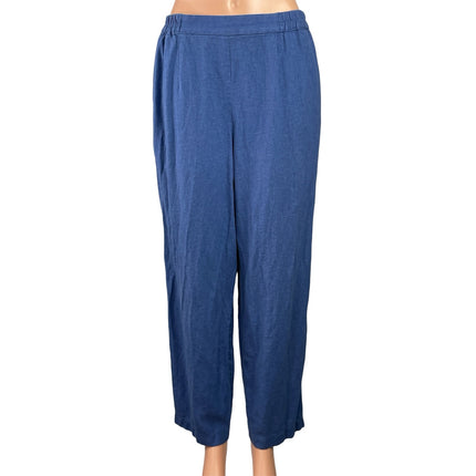 Talbots Blue Linen Blend Elastic Waist Straight Wide Leg Trousers Pants Size 12