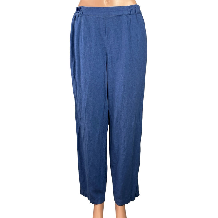 Talbots Blue Linen Blend Elastic Waist Straight Wide Leg Trousers Pants Size 12