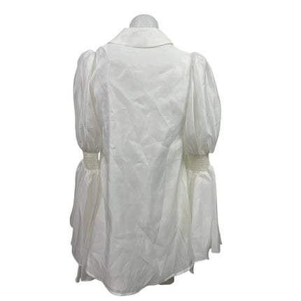 NEW Checocre White Long Puff Bell Sleeve Brooch Lapel Button Up Blouse Top 0