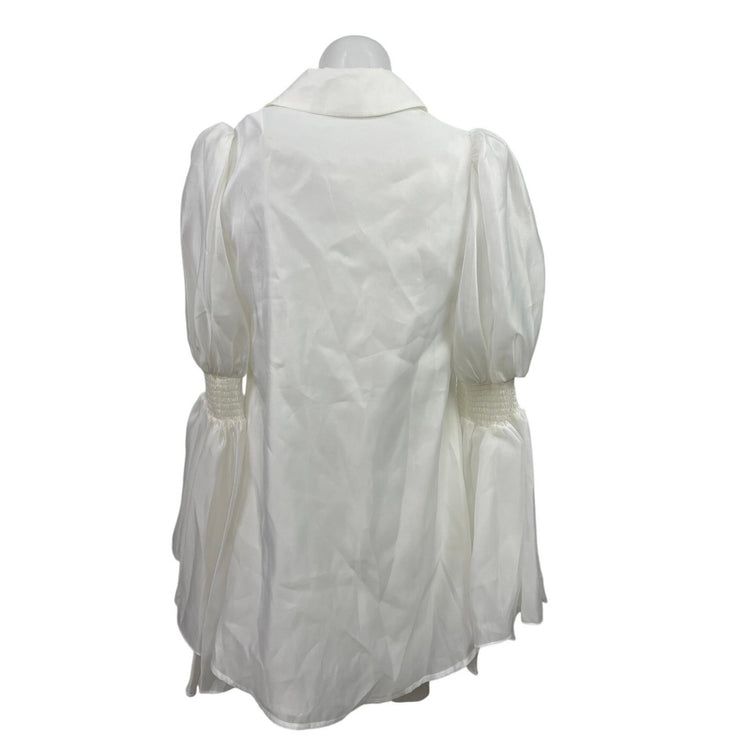 NEW Checocre White Long Puff Bell Sleeve Brooch Lapel Button Up Blouse Top 0