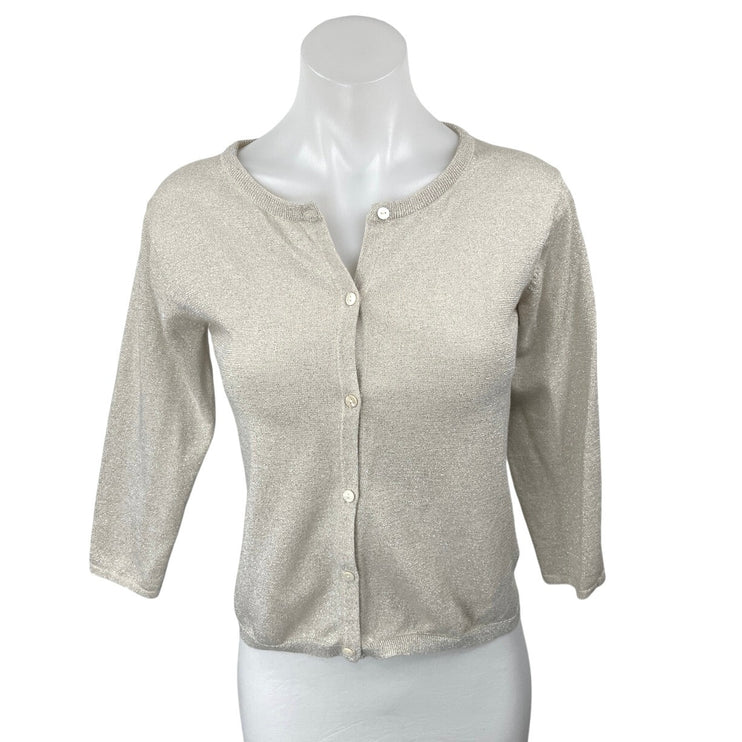 Nice Thing Mini Beige Metallic 3/4 Sleeve Button Crop Cardigan Sweater Top Sz 14