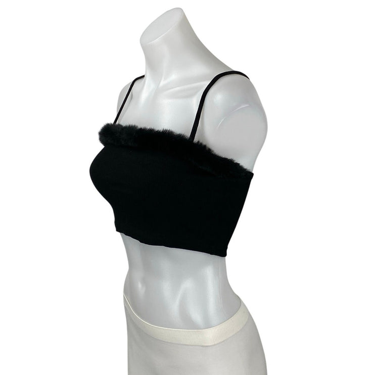 Tic Toc Women's Black Sleeveless Ribbed Faux Fur Cami Camisole Crop Tank Top S