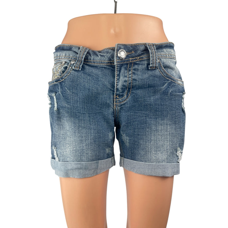 Red Rivet Blue Embroidered Distressed Cuffed Low Rise Mom Denim Jeans Shorts S