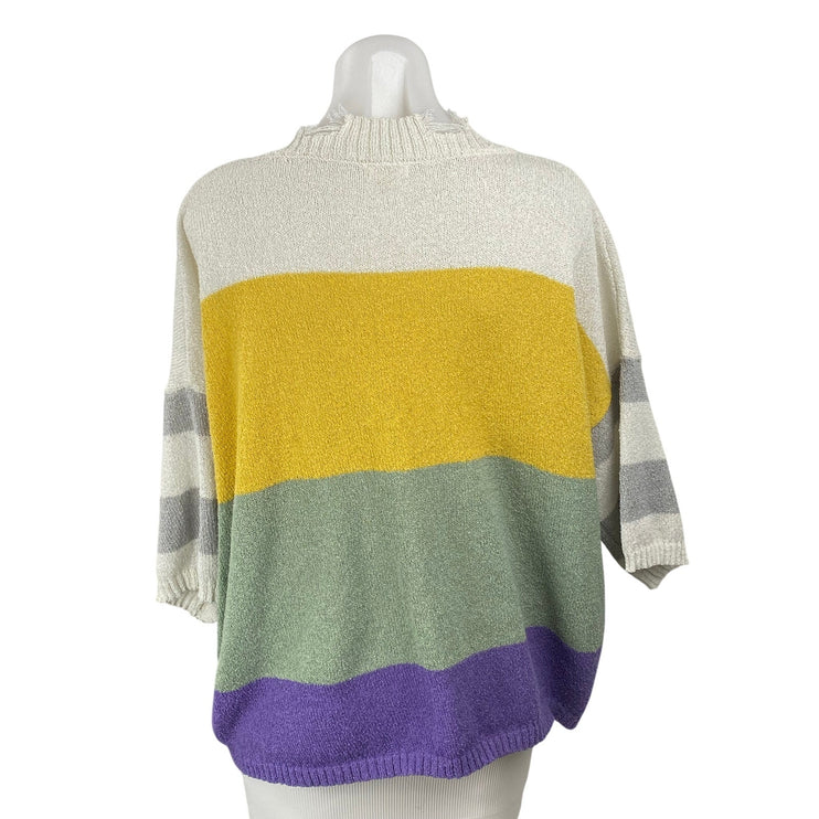 La Miel Women's Multicolor Colorblock Striped Distressed V Neck Sweater Top S