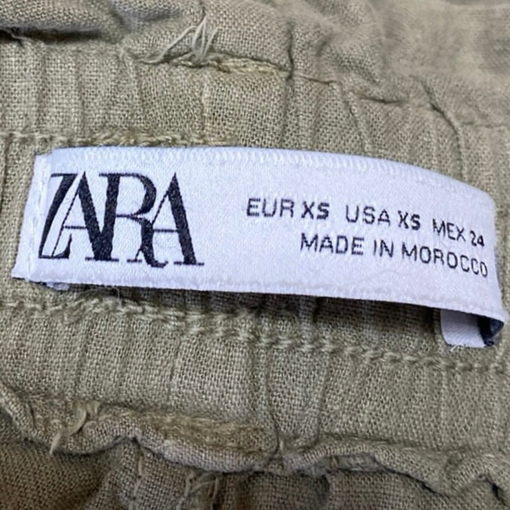 Zara Women's Green Linen Pleated Pockets High Waisted Casual Paperbag Shorts XS