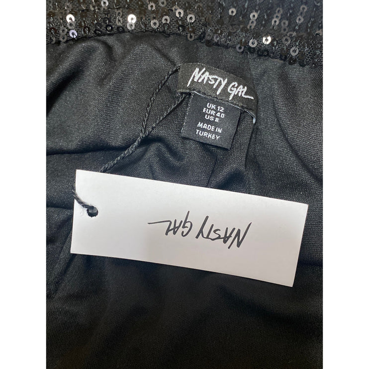 NEW Nasty Gal Women's Black Sequin Sparkly Sheer Wide Leg Trousers Pants Size 8