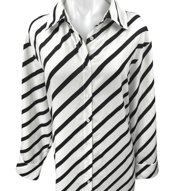Eloquii Black White Striped Long Sleeve Slit Belted Button Maxi Shirt Dress 14
