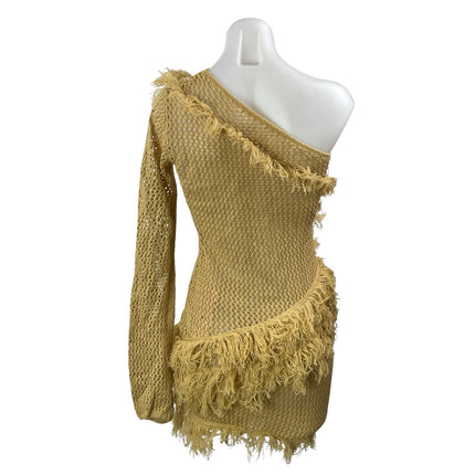 NEW Micas Tan One Shoulder Fringe Open Knit Ruffle Crochet Mini Bodycon Dress L