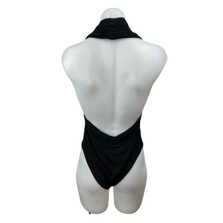 Love Women's Black Ruched Deep V Neck Open Back Sleeveless Tank Bodysuit Top M