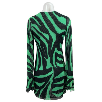 AFRM Green Black Zebra Long Sleeve Mesh Plunge Tie A Line Mini Dress Size XS