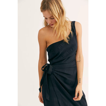 Free People At Leisure Black One Shoulder Sleeveless Wrap Midi Dress Size XS