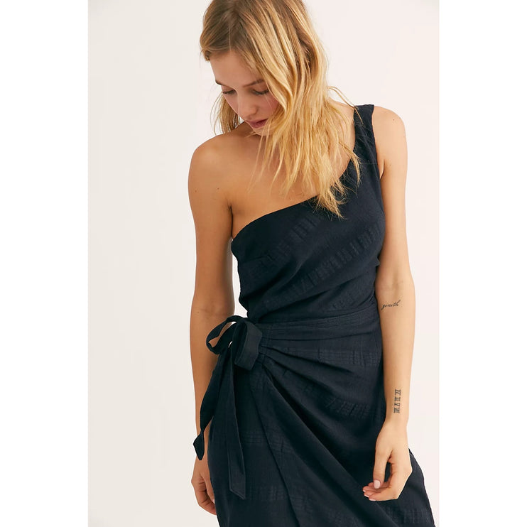 Free People At Leisure Black One Shoulder Sleeveless Wrap Midi Dress Size XS