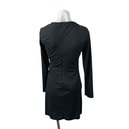 Zara Women's Black Long Sleeve Draped Ruched Crew Neck Mini Bodycon Dress Size M
