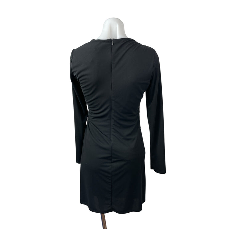 Zara Women's Black Long Sleeve Draped Ruched Crew Neck Mini Bodycon Dress Size M