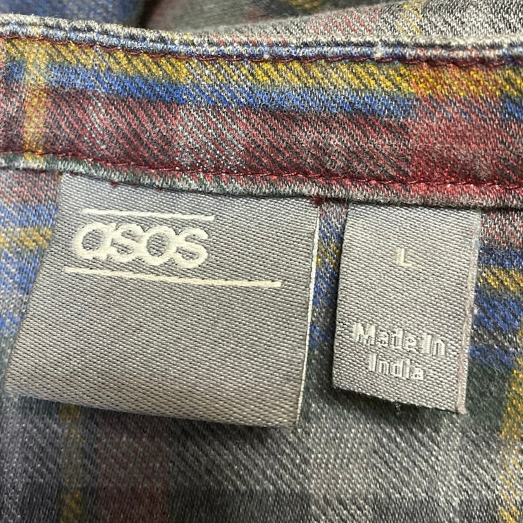 ASOS Men's Gray Multicolor Plaid Flannel Long Sleeve Button Up Shirt Top Size L