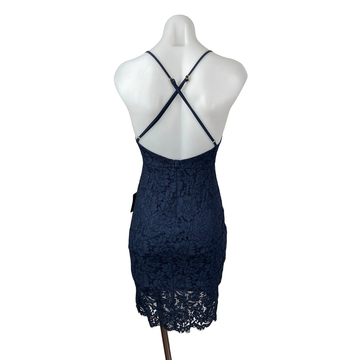 NEW Lulus Flirting With Desire Navy Blue Floral Lace Mini Bodycon Dress Size XS