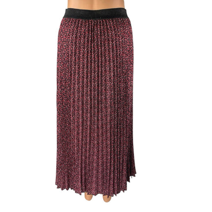 Esqualo Red Black Floral Pleated Pull On High Waisted A Line Midi Skirt Size 8