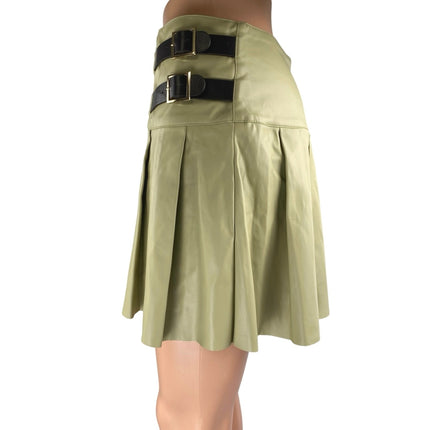 WeWoreWhat Cream Green Faux Vegan Leather Pleated Mini Tennis A-Line Skirt Sz M