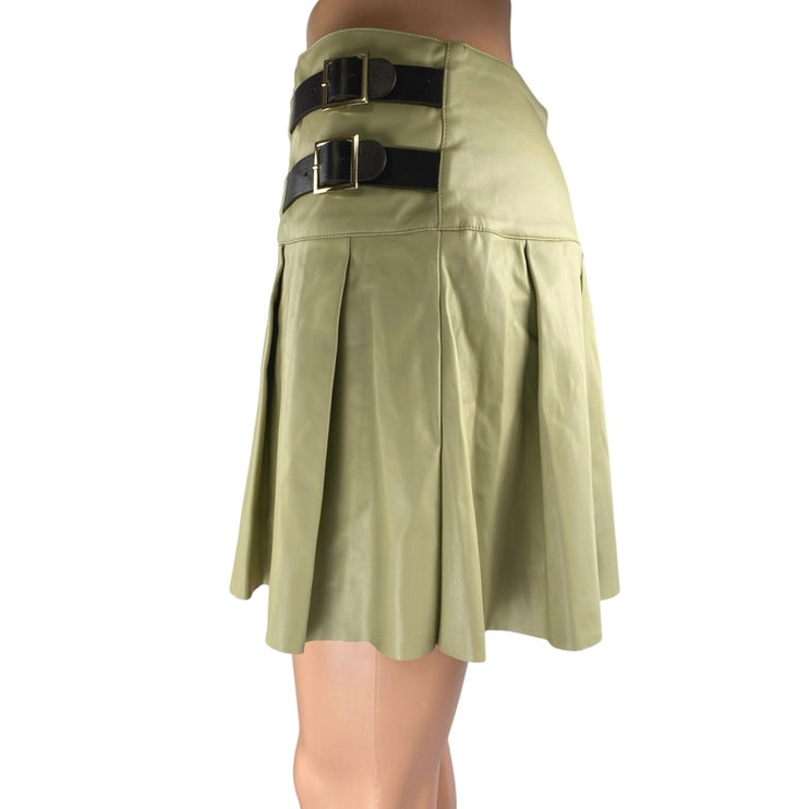 WeWoreWhat Cream Green Faux Vegan Leather Pleated Mini Tennis A-Line Skirt Sz M