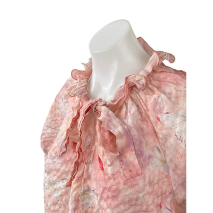 Alice Blue Women's Pink Butterfly Pink Short Puff Sleeve Tie Ruffle Blouse Top L