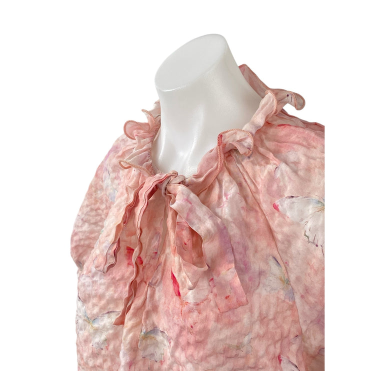 Alice Blue Women's Pink Butterfly Pink Short Puff Sleeve Tie Ruffle Blouse Top L