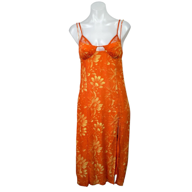 Urban Outfitters Dara Orange Lace Trim Floral Cami Slit Tank Midi Dress Size SP