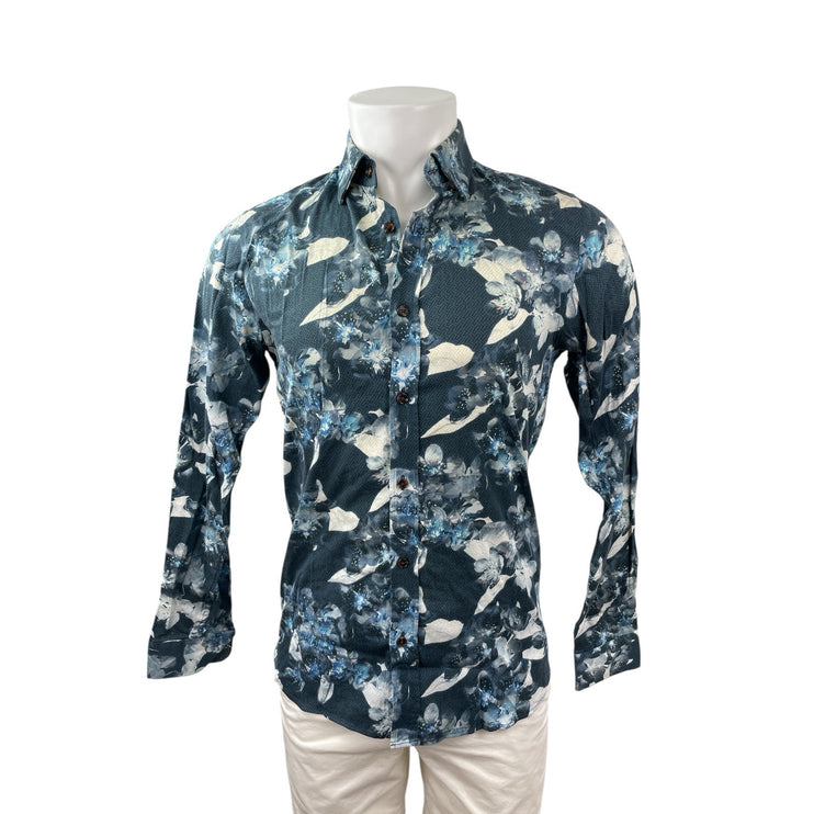 Ted Baker Men's Blue Floral Modern Fit Long Sleeve Button Down Shirt Top Size 15
