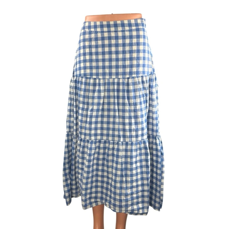 GAP Women's White Blue Gingham Check Tiered Summer Maxi Flare A-Line Skirt Sz 2P