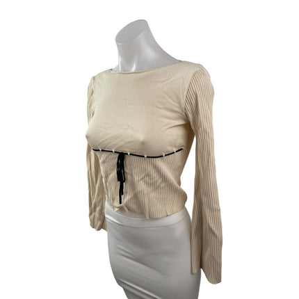 Motel Women's Beige Tie Bustier Ribbed KNit Long Sleeve Blouse Crop Top Size M