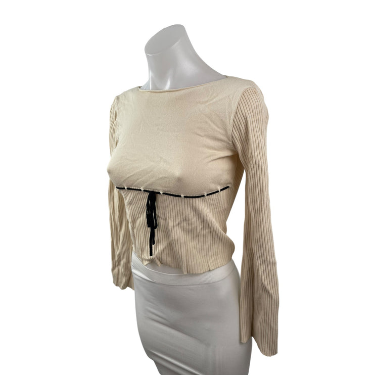 Motel Women's Beige Tie Bustier Ribbed KNit Long Sleeve Blouse Crop Top Size M