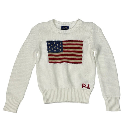 POLO Ralph Lauren Kids White Rib Knit Logo Embroidered USA Flag Sweater Top Sz 7