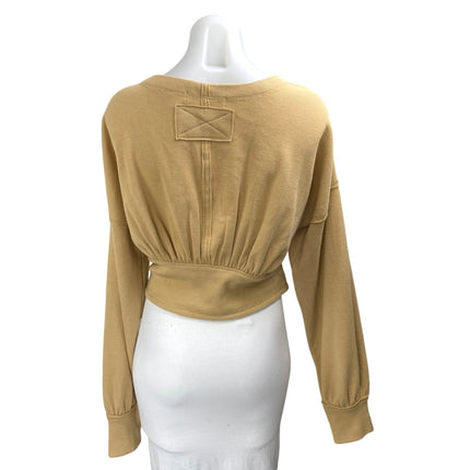 Free People Cream Tan Long Sleeve Faux Wrap V-Neck Crop Sweater Blouse Top Sz L