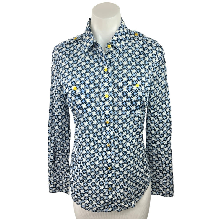 Tory Burch Blue White Printed Cross Pocket Casual Button Down Shirt Top Size 4