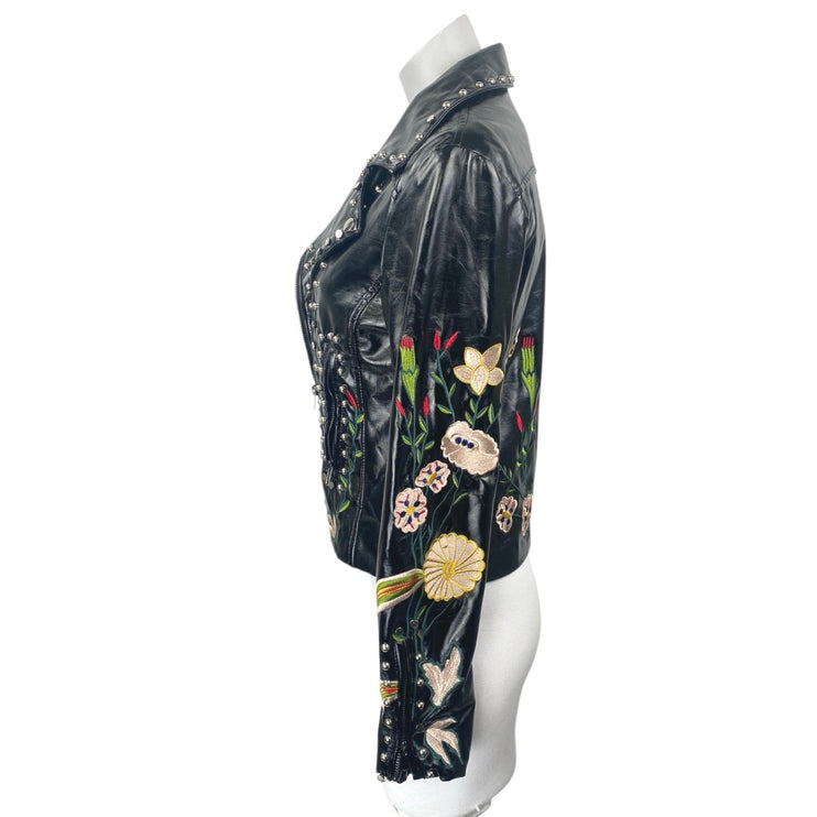 Ellie White Black Patent Faux Leather Studded Floral Embroidered Moto Jacket S