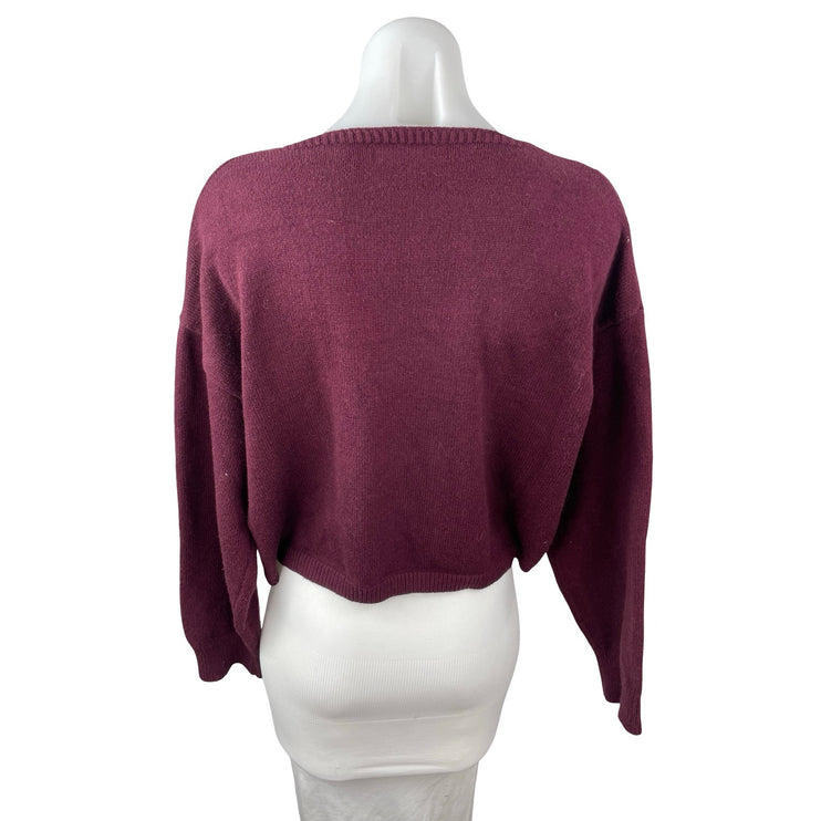 Sunday Stevens Women's Red Maroon V Neck Long Sleeve Cropped Sweater Top Size S