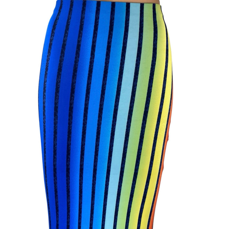 Sabora Womens Multicolor Rainbow Striped Stretch Midi Bodycon Pencil Skirt Sz S