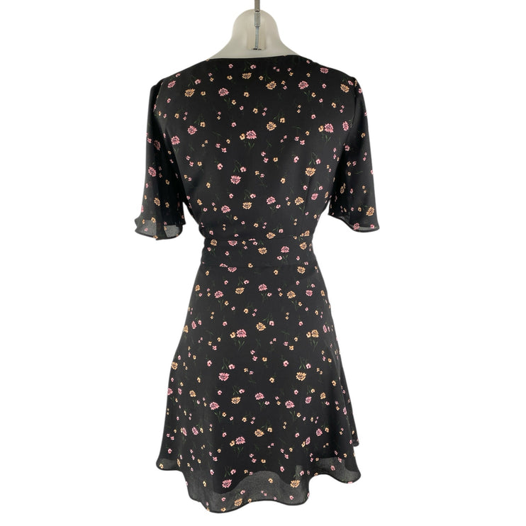 BB Dakota Black Floral V Neck Short Sleeve Tie Mini A-Line Flare Wrap Dress Sz 4