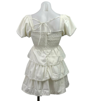 Lan White Ivory Short Puff Sleeve Tiered Lace Ruffle Smocked Romper Shorts S