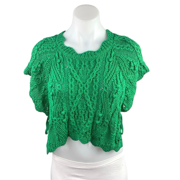 Zara Women's Green Crochet Cable Knit Short Sleeve Crop Sweater Top Size S